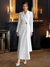 tanie Sukienki mamy-Suknia Blazer A-Linie Elegancka Suknia Wieczorowa Tuxedo Suknia Formalna Gościa Weselnego Do Ziemi Długie Rękawy Dekolt w Sercu Satyna z Kryształkami