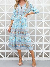 abordables Robes Bohémiennes-Femme Robe Maxi Robe casual Robes bohème chic Robe Trapèze robe boheme Bohême Le style mignon mode Vacances du quotidien Plage Ample Graphic Manches 3/4 Col V Rose Claire Bleu Abricot Printemps