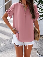 preiswerte Damen Arbeitsoberteile-Damen Hemd Bluse Feste Farbe Basic Brautkleider schlicht Kurzarm Gekerbter Hals Normale Oberteile Täglich Rüsche Rosa Blau Khaki Sommer