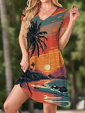levne hawaiské šaty-Dámské mini šaty každodenní šaty malé šaty tričkové šaty sundress shift šaty party stylové boho dovolená party každodenní volný střih tropické krátký rukáv V-výstřih oranžové jaro podzim