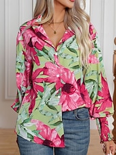 economico Top da Vacanza per Donne-Camicie hawaiane da donna Bluse Quotidiana Casual Grafica Floreale Top Regolari a maniche lunghe Camicia a maniche Lantern Collo Pulsanti Vestibilità Larga Quotidiana Vacanza Blu Rosa Rosa Estate