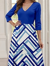 abordables Robe Rayée et Géométrique-Robe midi femme Robe en A Robe décontractée Robe semi-formelle Robe de travail Fit régulier Géométrique Manches 3/4 Col en V Bleue Été Printemps Automne