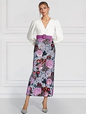voordelige Cocktailjurken-Paarse Gecoate Sheath  Kolom Avondjurk Elegante Jurk Formele Bruiloft Enkellengte Lange Mouw V-Hals Riem met Splits Borduurapplicaties Jurken