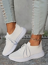 preiswerte Damen-Sneaker-weiße, leichte Strick-Schnürsneaker für Damen – atmungsaktive Sportschuhe zum Laufen, Gehen und für den Komfort im Alltag