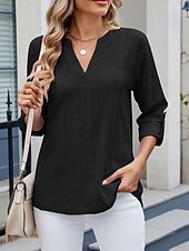 preiswerte Spitzenoberteile-Damen Hemd Bluse Feste Farbe Basic Brautkleider schlicht Langarm V Ausschnitt Normale Oberteile Täglich Öse Schwarz Weiß Blau Frühling Herbst