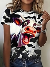 billige Dyrene tee-Dame T skjorte Ku Fritid Kortermet Rund hals Vanlige topper Daglig Trykt mønster Hvit Sommer