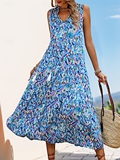 cheap Elegant Floral Dresses-Women&#039;s Midi Dress Casual Dress Swing Dress A Line Dress Tank Dress Casual Daily Regular Fit Floral Sleeveless V Neck Blue Fuchsia Green Summer Spring Fall