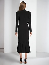 voordelige Thee Lengte-Blazer jurk zeemeermin  trompet cocktailjurken elegante jurk tuxedo jurk formele bruiloft enkel lengte lange mouw overhemd kraag zak stretch crêpe met franjes jurken