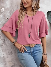 billige Plain t-skjorte-Dame T skjorte عادي Mote Moderne Fritid 3/4 ermer V-hals Vanlige topper Daglig Helg Drapering Rosa Navyblå Kakifarget Sommer Vår