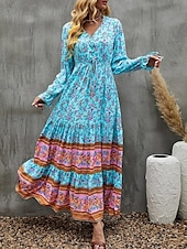 preiswerte Ausgefallene Kleider-Damen Maxidress Casual kleid Schaukelkleid Langärmliges Boho-Kleid A Linie Kleid Böhmen Brautkleider schlicht Urlaub Täglich Regular Fit Blumen Langarm V Ausschnitt Gelb Rosa Blau Frühling Herbst