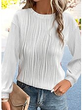 cheap Plain Tops-Women&#039;s Shirt Blouse Solid Color Basic Casual Long Sleeve Crew Neck Regular Tops Daily Patchwork Black White Beige Fall Winter