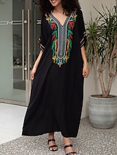 abordables Robes Bohémiennes-Femme Robe Maxi Robe casual robe boheme Décontractées Vacances du quotidien Standard Floral Demi Manches Col V Rouge Bleu Dorée Eté Printemps Automne