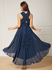 billiga Bröllopsgästklänningar-A-linjeformade bröllopsgästklänningar elegant klänning formell te-längd ärmlös en axel höst bröllopsgäst chiffong med rynkor