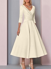 voordelige Vloerlengte-Strand Bruiloft A-Lijn Gouden Jurken Moeder van de Bruid Jurk Bruiloft Gast Elegante Vintage Plus Size V Hals Thee Lengte Satin 3/4 Lengte Mouw met Plissé dress to impress 2025 gratis op maat gemaakt