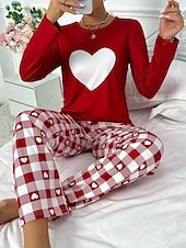 billiga Sovkläder till damer-Dam Pyjamas set Ledigt Komfort Comfrt Hjärta Rutnät / Pläd T-shirt Byxa Hem Långärmad Rund hals Rubinrött Vår Höst Vinter
