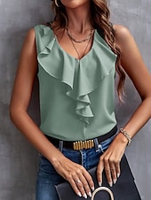 abordables Débardeurs et camisoles femme-Débardeur femme sans manches uni basique décontracté à col en V haut régulier en volants noir vert clair fuchsia été printemps