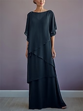 voordelige Vloerlengte-ts strand bruiloft a-lijn moeder van de bruid jurk formele bruiloft gast elegante bateau hals vloer lengte chiffon halve mouw met ruches drapering laag 2025