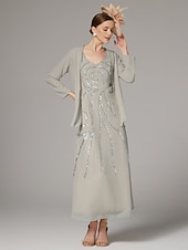 abordables Avec veste-tailleur-pantalon fourreau deux pièces robe de mère de la mariée mariage de plage élégant scintillant&amp;amp;Robe longue en mousseline de soie à paillettes et col en V brillant, longueur cheville,