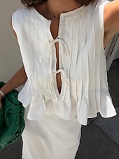 economico Camicie-Per donna Abbottonare Camicia in cotone e lino Tinta unica Essenziale Casual Senza Maniche Girocollo Top Regolari Quotidiano Volant Nero Bianco Rosso Estate Primavera