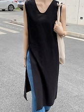abordables Robes de travail-Femme Normal Robe mi-longue Robe en lin mode Décontractées du quotidien Plage Standard Plein Sans Manches Col V Noir Abricot Eté