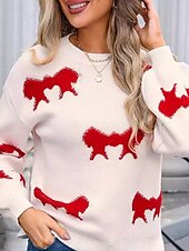 abordables Motifs graphiques et détails-pull rose de la Saint-Valentin pour femme pull élégant bloc de couleurs col rond tricoté à manches longues hauts réguliers tricot mode streetwear extérieur quotidien week-end rose rouge automne hiver