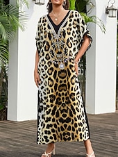 billiga Kaftans-Dam Badkläder Täck Över Baddräkt UV-skydd Semester Standkläder Grafisk Leopard Rund hals Kort ärm Baddräkter