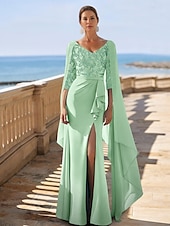 billige Gulvlengde-Grønn Kjole  Kolonne Blomster Elegant Kveldskjole Strand Bryllup Høy Splitt V-Hals Gulvlengde Chiffon 3/4 Lengde Ermer med Blonde Solid Farge