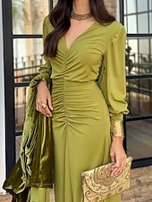 levne Party šaty-Dámské Maxi šaty Bodycon Smaragdově zelené šaty Elegantní Svatební host Rande Běžný Bez vzoru Dlouhý rukáv Do V Trávová zelená Léto Jaro