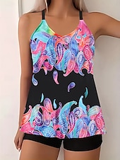 billiga Tankinis-Dam Badkläder Tankini 2 st Pojkeben Baddräkt Öppen rygg Hög midja Semester Standkläder Paisley V-hals Ärmlös Baddräkter