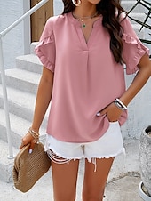 preiswerte Damen Arbeitsoberteile-Damen Hemd Bluse Feste Farbe Basic Brautkleider schlicht Kurzarm Gekerbter Hals Normale Oberteile Täglich Rüsche Rosa Blau Khaki Sommer