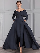 voordelige Mama&amp;#39;s jumpsuits-Twee-delige Jumpsuit Moeder van de Bruid Formele Bruiloft Gast Elegante Feest Scoop Hals Off Schouder Enkele Lengte Rekbare Stof 3/4 Lange Mouw met Ceintuur  Riem 2025