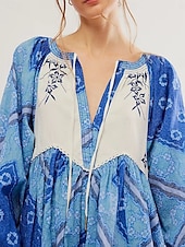 billiga Casual blommiga klänningar-Dam Mini klänning Vardagsklänning Boho-klänning Etnisk Ledigt Semester Dagligen Normal Blommig Långärmad V-hals Vin Blå Grön Vår Höst