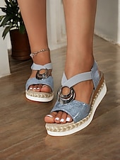 preiswerte Lässige Sandalen-Damen-Espadrille-Keilsandalen im Boho-Stil mit metallischem Ringdetail – Riemchen-Sommerschuhe für Freizeit und Strand