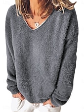 preiswerte Strickjacken und Oberbekleidung-Damen Hemd Bluse Feste Farbe Basic Brautkleider schlicht Langarm V Ausschnitt Normale Oberteile Täglich Patchwork Wein Blau Grau Frühling &amp; Herbst
