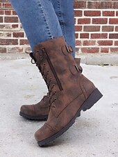 cheap Combat Boots-Versatile Brown Leather Lace-Up Boots with Military Flair for Women - Perfect for Fall and Winter Everyday Wear