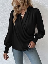 voordelige Elegante topjes-Dames Overhemd Blouse Effen Kleur Zakelijk Modern Casual Lange mouw V-hals Normale tops Werk Formele kleding Met ruches Zwart Blozend Roze Zomer Lente