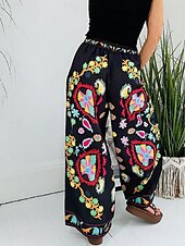 billiga breda ben och hög midja-Dam Brett skaft Kinesiska Mode Streetwear Fullängd Hög midja Blommig Ficka Elastiskt midjeband Bekväm Mjuk Microelastisk Utomhus Gata Svart Vår &amp; Höst Normal