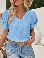 economico Top in Pizzo-Top Eleganti in Pizzo per Donna con Occhielli Maglietta di Colore Solido Regolare Maniche Corte Collo a V Regolare Fit Giornaliero Elegante Casual Romantico Petite Top Estivi da Vacanza Rosa Blu