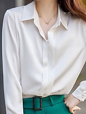 voordelige Elegante topjes-Dames Overhemd Blouse Effen Kleur Basic Casual Lange mouw Overhemdkraag Normale tops Dagelijks Knop Wit Groen Grijs Herfst Winter