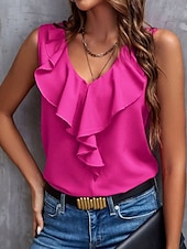 abordables Débardeurs et camisoles femme-Débardeur femme sans manches uni basique décontracté à col en V haut régulier en volants noir vert clair fuchsia été printemps