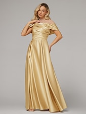 cheap CHAMPAGNE-A-Line Evening Gown Elegant Dress Formal Floor Length Short Sleeve Illusion Neck Satin with Ruched Beading