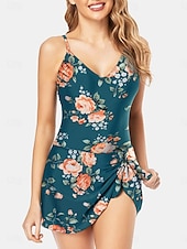 billiga Badessor-Dam Badkläder En bit Monokini Längre baddräkt Baddräkt Öppen rygg Magkontroll Hög midja Smal Semester Standkläder Blommig Halterneck Ärmlös Baddräkter