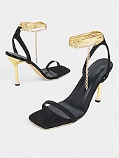 cheap Dress Sandals-Women&#039;s Black Suede Stiletto Heels with Gold Wrap-Around Ankle Straps and Square Toe – Sexy High Heel Sandals for Parties and Evening Events