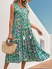 cheap Elegant Floral Dresses-Women&#039;s Midi Dress Casual Dress Swing Dress A Line Dress Tank Dress Casual Daily Regular Fit Floral Sleeveless V Neck Blue Fuchsia Green Summer Spring Fall