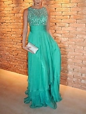 cheap GREEN-A-Line Evening Gown Elegant Dress Formal Wedding Guest Sweep / Brush Train Sleeveless Jewel Neck Chiffon with Rhinestone 2025