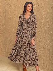 levne Boho šaty-Dámské Maxi šaty Volnočasové šaty Boho šaty s dlouhým rukávem Boho šaty Na běžné nošení Cikánský Nahoře nabírané Domů Práce Denní Běžný Grafika Geometrický Dlouhý rukáv Do V Žlutá Hnědá Léto Jaro