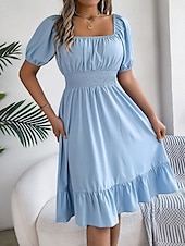 economico Abiti da campagna-Per donna Mini abito Abito casual Abito linea A Abito da lattaia Moda Essenziale Informale Da mare Giornaliero Standard Liscio Manica corta Squadrata Cachi Azzurro Estate Primavera