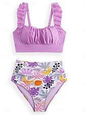 halpa Bikinisetit-Naisten Uima-asut Bikinit 2 kpl Alushousut Uimapuku Röyhelö Avoin selkä Ohut Korkeavyötäröinen Loma Ranta-asut Kukka Pyöreä kaula-aukko Hihaton Uimapuvut