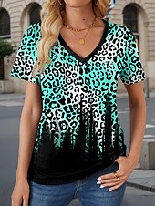 abordables T-shirt Art &amp; Design-Femme T shirt Léopard mode Décontractées Manche Courte Col V Hauts réguliers du quotidien Imprimer Vert Eté