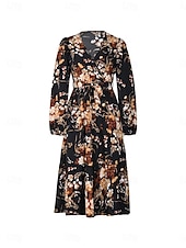 economico Abiti eleganti floreali-Per donna Vestito longuette Abito casual Vestito svasato Abito linea A Moda Informale Da mare Giornaliero Standard Floreale Manica lunga A V Nero Primavera Autunno